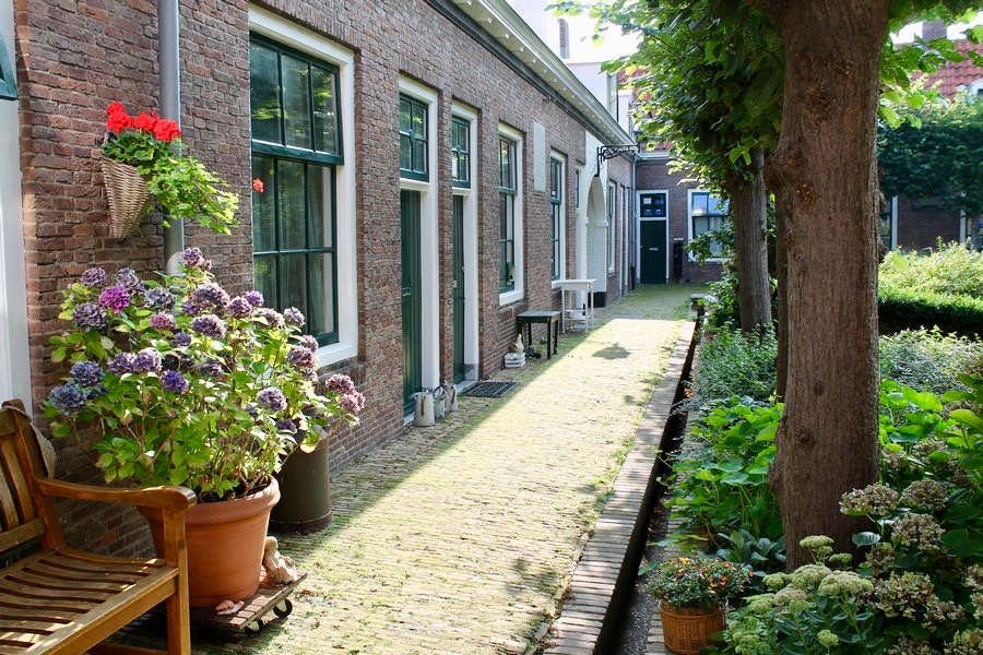 화분과 녹음이 우거진 좁은 자갈 골목길과 푸르른 창문과 문이 있는 벽돌 건물이 나란히 있습니다.