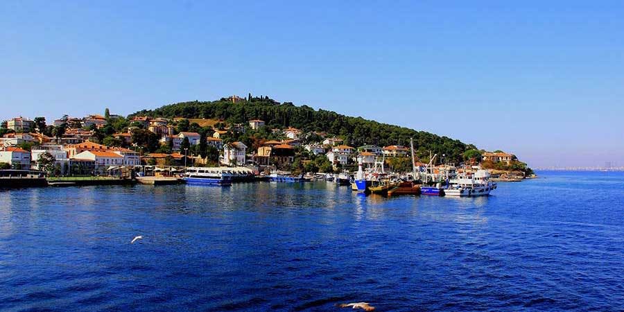 정박지에 정박한 보트, 언덕 위의 주택, 맑고 푸른 하늘이 있는 해안 마을.