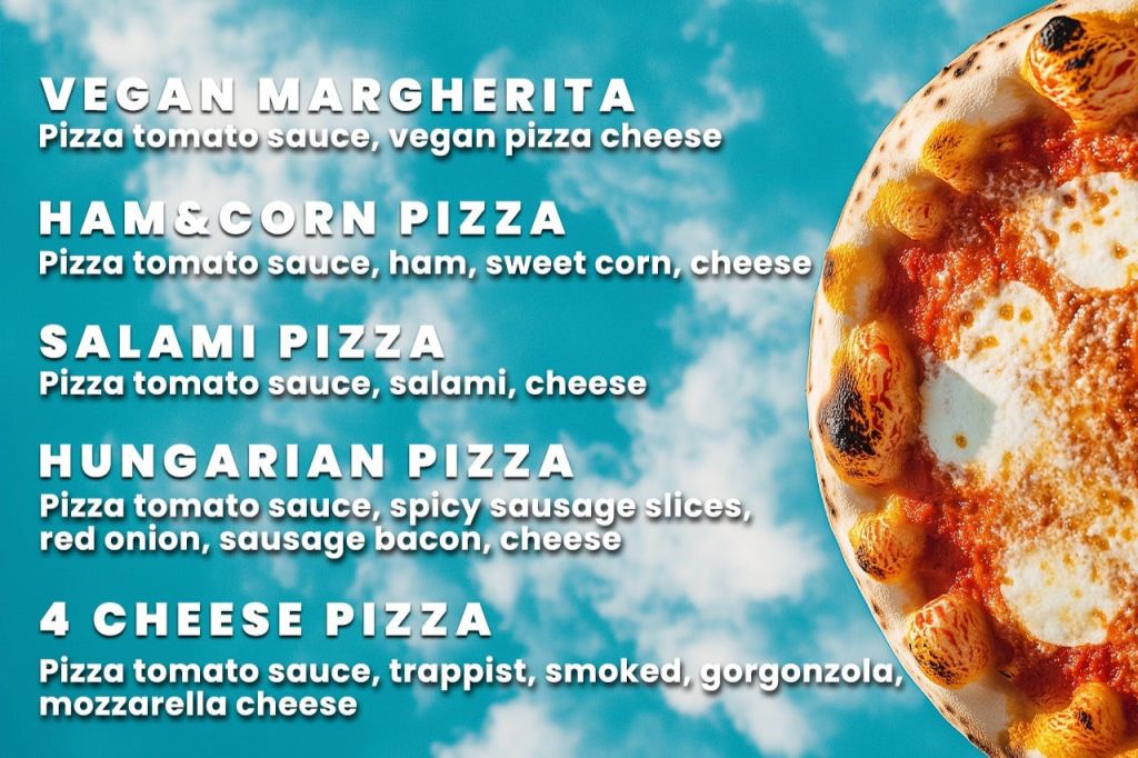 하늘을 배경으로 재료가 들어간 피자 옵션이 표시된 메뉴. 오른쪽에 녹은 치즈가 있는 피자 크러스트의 일부 모습.