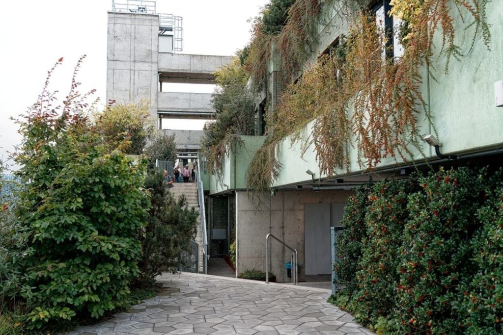 식물로 뒤덮인 녹색 벽, 계단, 울창한 녹지로 둘러싸인 통로가 있는 콘크리트 건물. 멀리서 본 사람들.