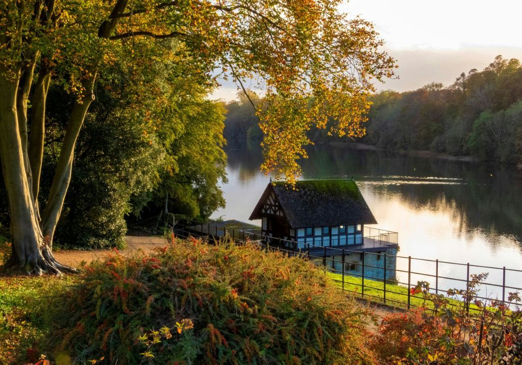 단풍이 우거진 호숫가 풍경, 해안가의 목재 액자형 보트하우스, 석양이 질 무렵 잔잔한 물에 비친 나무들.
