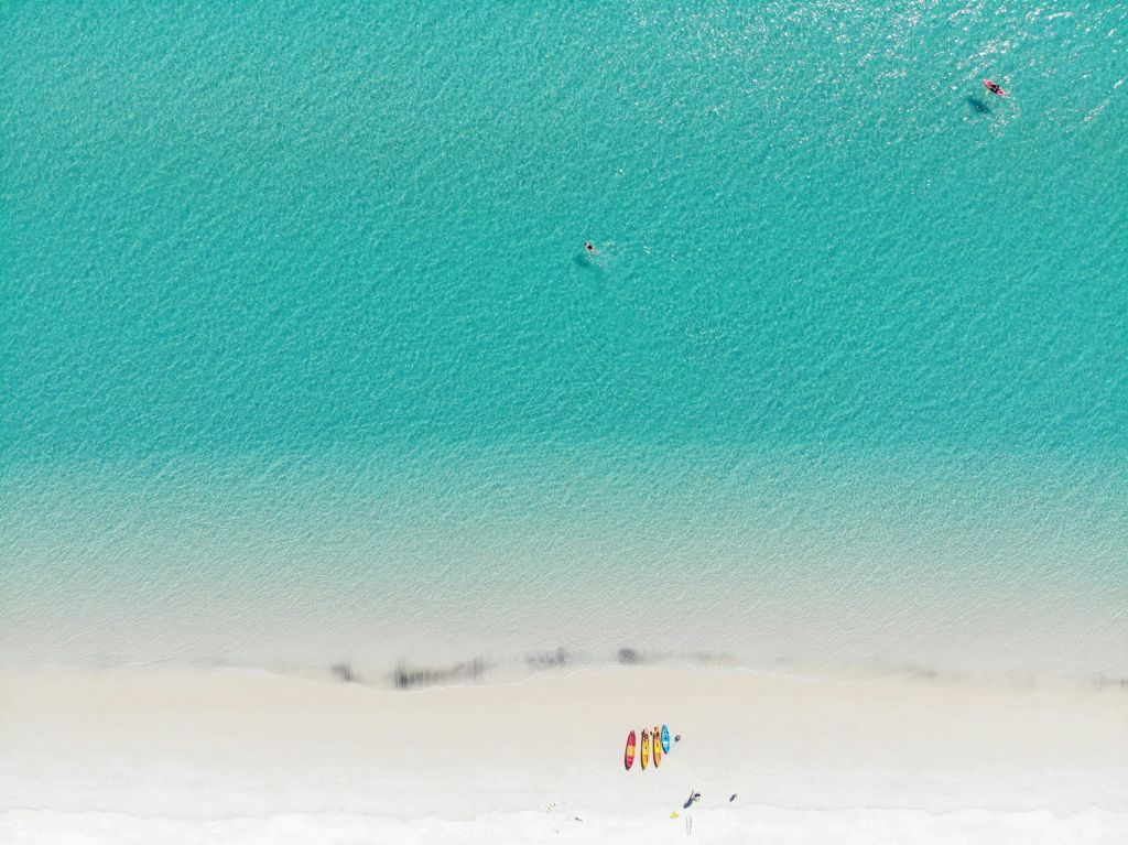 수영 선수와 모래 해변에서 네 대의 카약을 타고 청록색 바다를 조망할 수 있습니다.