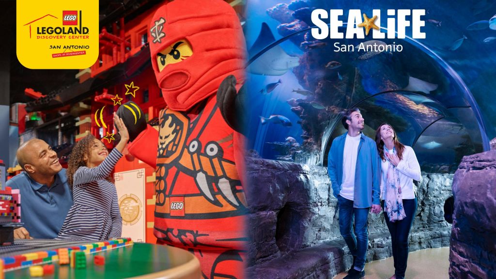 레고랜드 디스커버리 센터 샌안토니오 (LEGOLAND Discovery Center San Antonio) 근처에서 어른이 미소를 짓는 동안 의상을 입은 레고 닌자 아이가 하이파이브를 하고 있습니다.