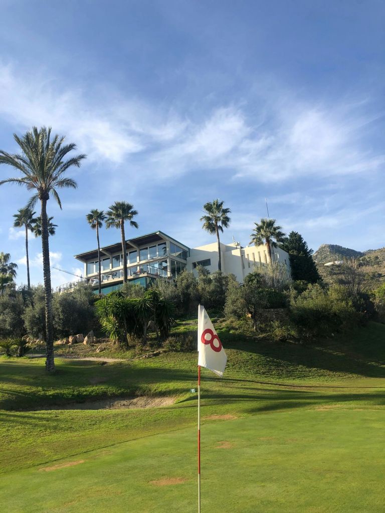 야자수로 둘러싸인 잔디 언덕 위에 커다란 창문이 있는 건물로, 전면에 골프 깃발이 있습니다.