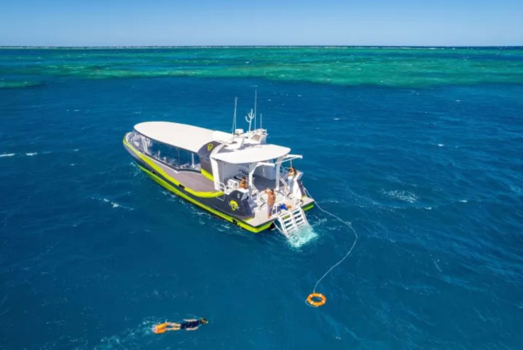 맑고 푸른 바다에 정박해 있는 보트로 근처에 수영 선수가 있고 근처에 생명 고리가 떠 있습니다.