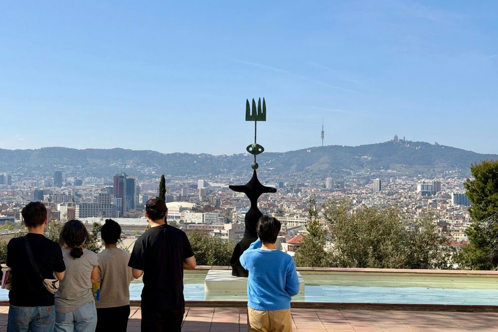 화창한 날, 도시 풍경과 먼 언덕을 배경으로 한 조각상 근처에 네 사람이 서 있습니다.