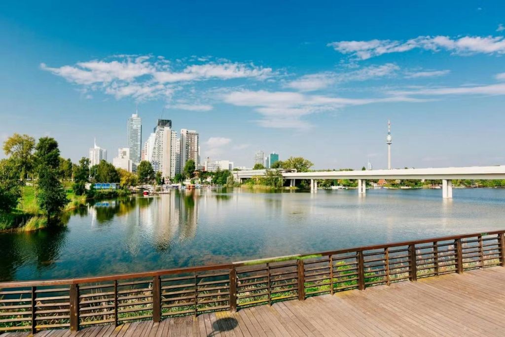 맑고 푸른 하늘 아래 전경에 고층 건물, 넓은 강, 다리, 나무 전망대가 있는 도시 풍경.