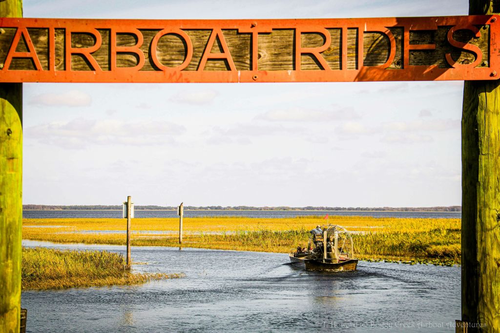 목조 "에어보트 라이드" 표지판 아래 습지로 둘러싸인 수로를 항해하는 에어보트.