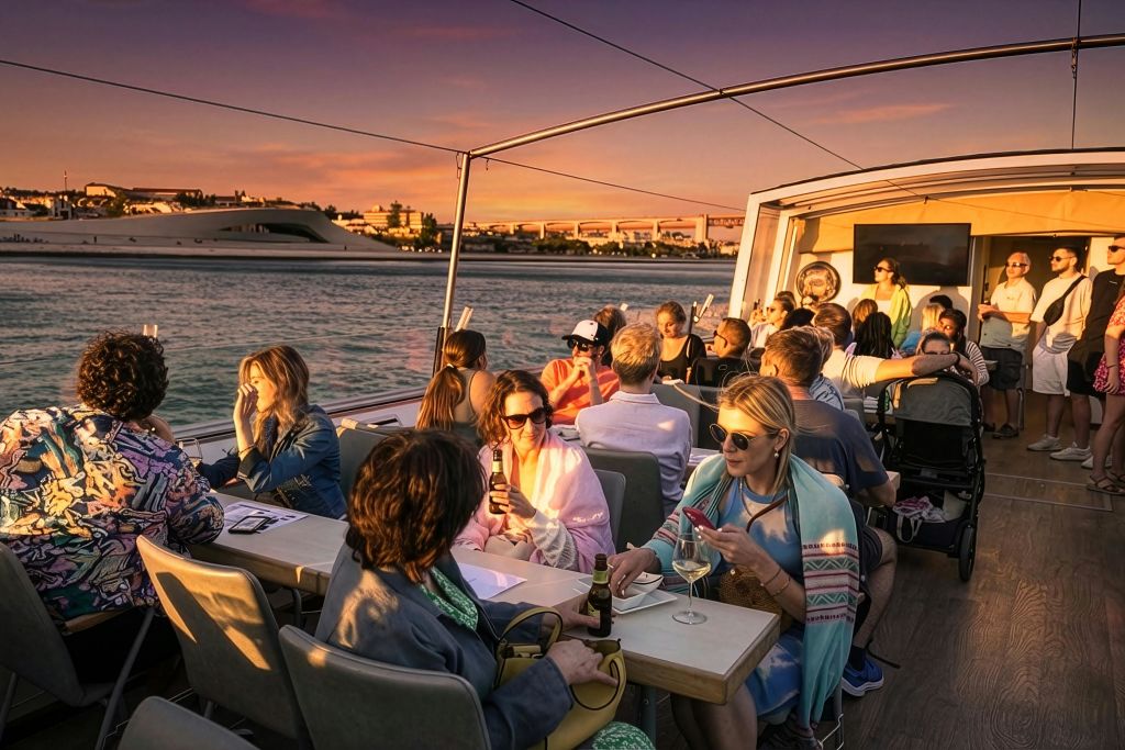 해 질 녘 보트에서 물과 먼 건물의 전망을 감상하며 음료를 즐기고 사교 활동을 즐기는 사람들입니다.
