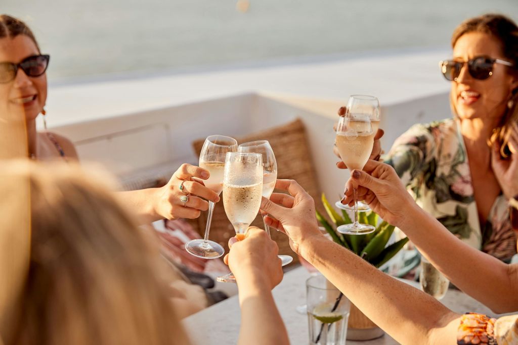 야외에서 샴페인 잔을 들고 건배하는 사람들, 선글라스를 쓴 여성이 미소를 짓고 있습니다.
