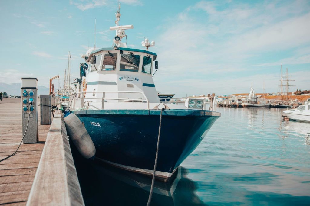 맑은 물과 푸른 하늘을 배경으로 선착장에 파란색과 흰색의 보트가 정박해 있습니다.