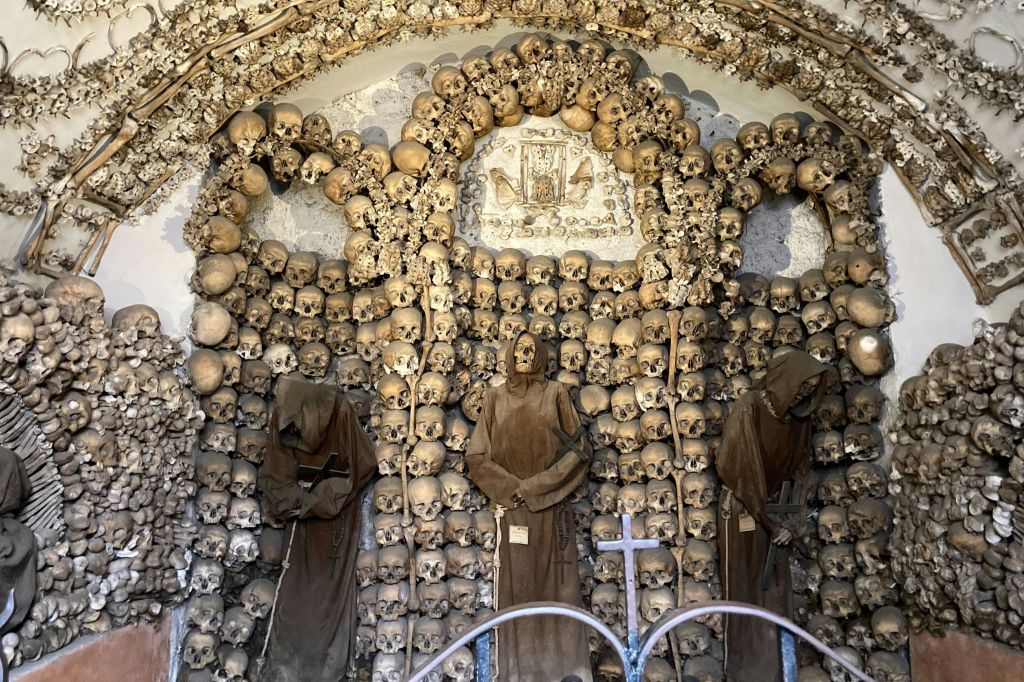 섬세하게 배치된 두개골과 골격 신체 부위가 섬세하게 장식된 조명이 희미한 예배당을 거닐어보세요.