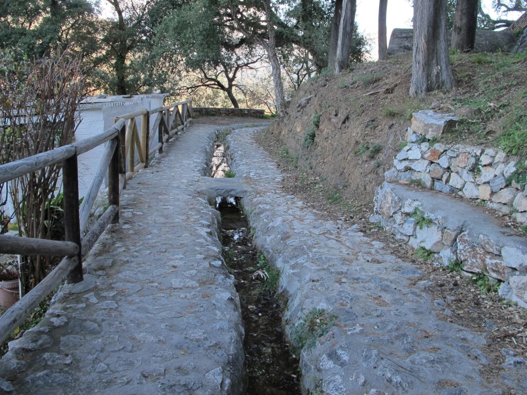 시냇물이 흐르는 좁은 돌길이 언덕과 나란히 이어져 있으며, 나무와 나무 울타리가 맞닿아 있습니다.