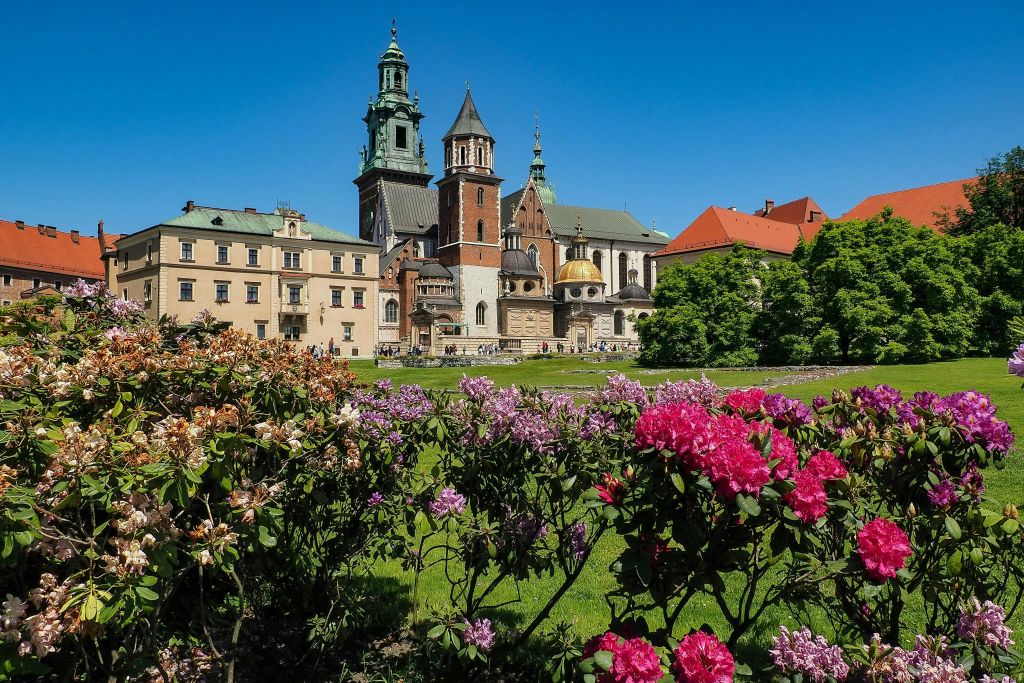 푸른 하늘 아래 푸르름과 활짝 핀 꽃으로 둘러싸인 타워와 돔이 있는 역사적인 대성당입니다.