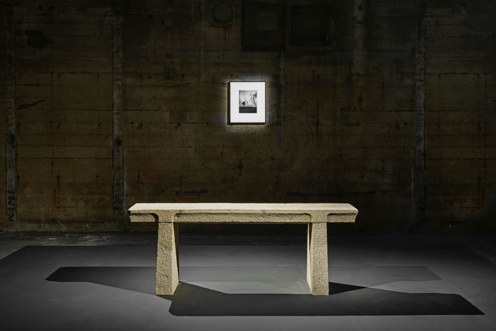 Nobuyoshi Araki, Kinbaku, 1979/2015, gelatin silver print with Stone Scholar Table, Ming Dynasty, China, 16th C -17th C.