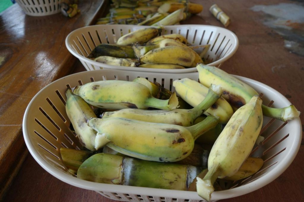 나무 표면에 껍질을 벗긴 바나나로 채워진 두 개의 바구니.