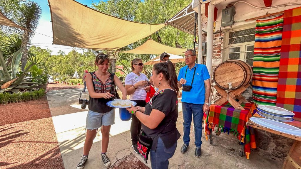 나무를 배경으로 그늘진 천 캐노피 아래에서 야외에서 음식을 맛보는 사람들.