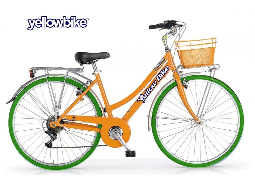 프레임과 왼쪽 상단 모서리에 녹색 타이어, 앞면 바구니, "노란색 자전거" 로고가 있는 주황색 자전거.
