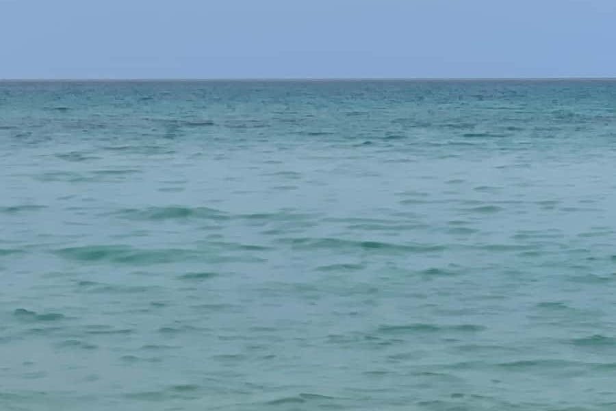 맑고 연한 푸른 하늘 아래 잔잔한 청록색 바닷물.