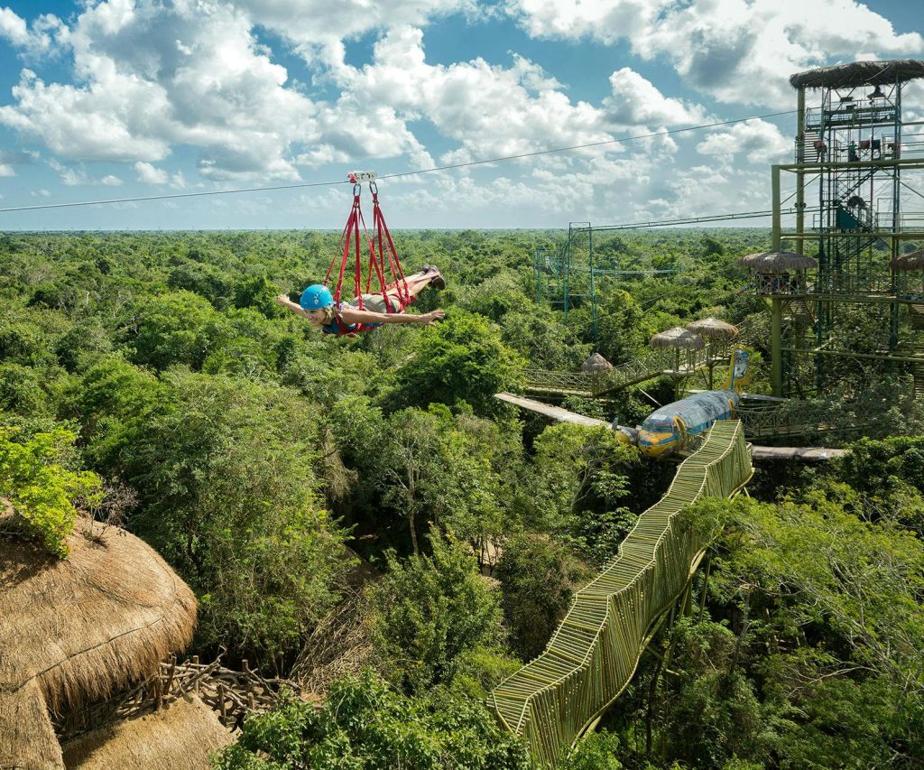 나무로 된 통로와 아래 구조물, 푸른 하늘과 위 구름이 울창한 숲을 가로지르는 사람이 있습니다.