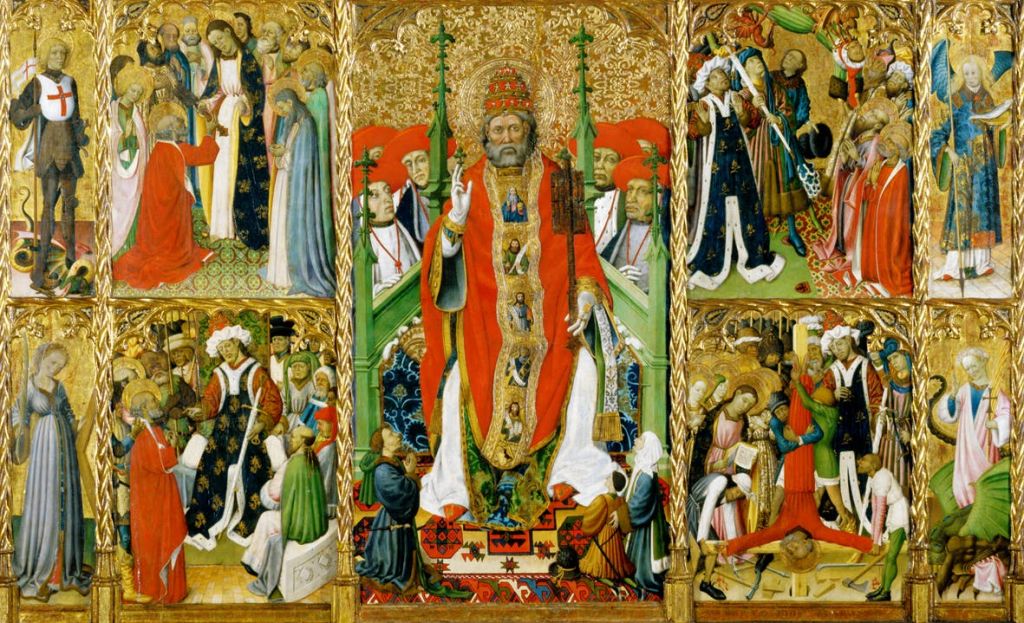 다른 인물들과 정교한 금 디테일로 둘러싸인 붉은 가운을 입은 중심 인물을 묘사한 화려한 종교 그림.