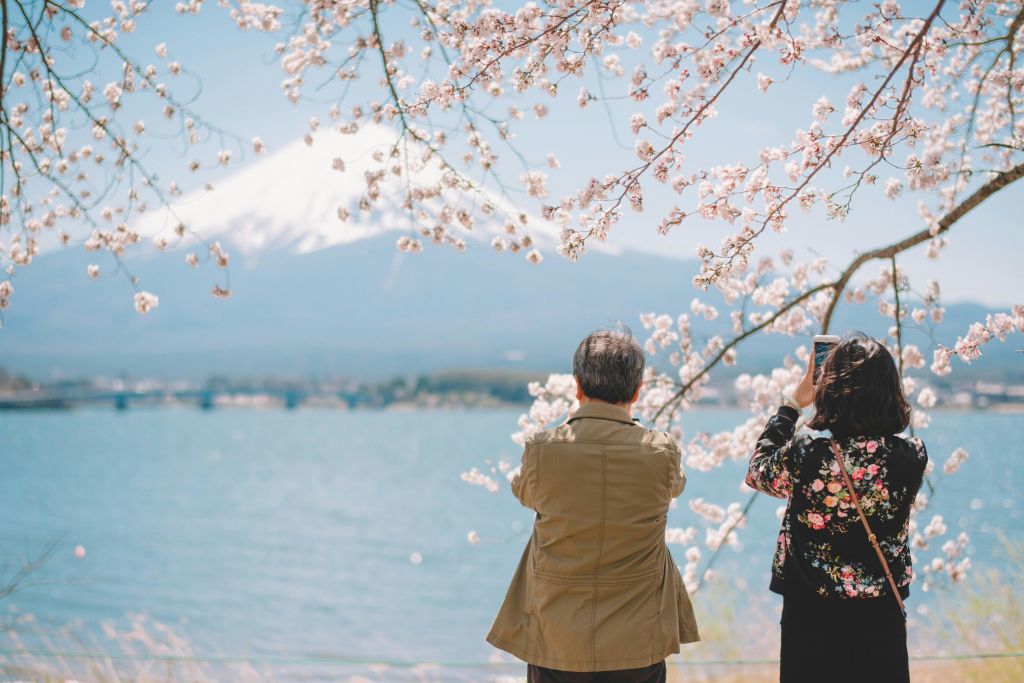 두 사람이 호숫가 벚꽃 아래 서서 눈 덮인 산을 배경으로 사진을 찍고 있습니다.