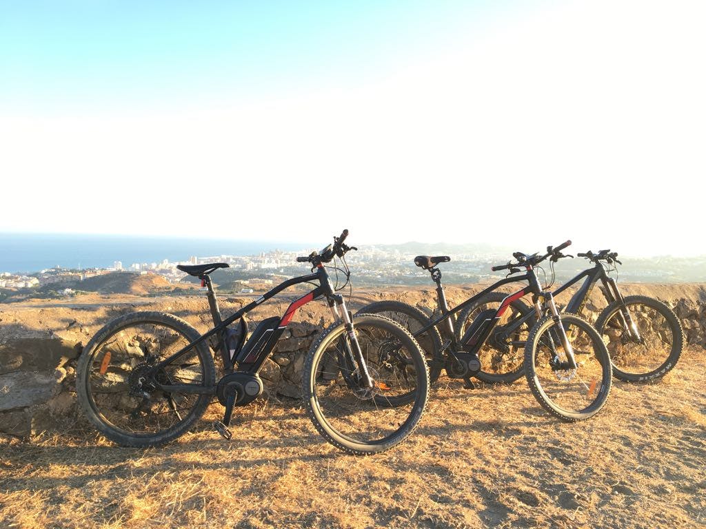 맑은 하늘 아래 도시와 언덕, 바다를 배경으로 마른 잔디밭에 세워진 세 대의 산악 자전거.