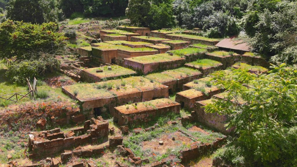 이끼로 덮인 석조 건축물과 흩어져 있는 초목이 우거진 울창한 숲 속에 자리한, 층층이 쌓인 유적지입니다.