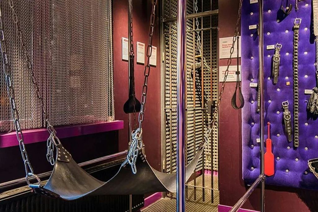 체인에 매달린 가죽 그네, 보라색 패딩 벽 패널, 금속 그레이트, 벽에 안내 표지판이 있는 객실입니다.
