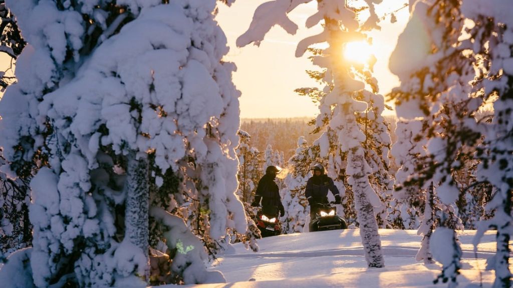 해가 질 무렵 눈 덮인 숲에서 스노모빌을 타고 나무 사이로 햇빛을 거르는 두 사람.