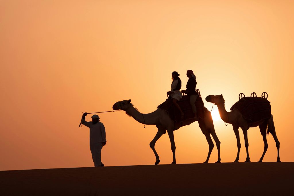 사막의 석양에 가이드가 이끄는 낙타를 타는 두 사람의 실루엣.