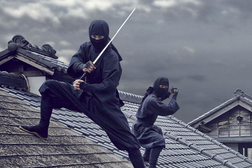 검은 옷을 입은 두 명의 닌자가 한 명은 검을 들고, 다른 한 명은 수리컨을 들고 흐린 하늘 아래 타일로 덮인 옥상에 서 있습니다.