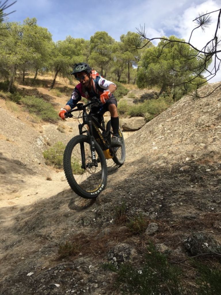 자전거를 타는 사람은 나무로 둘러싸인 바위길에서 산악 자전거를 타며 보호 장비를 착용합니다.