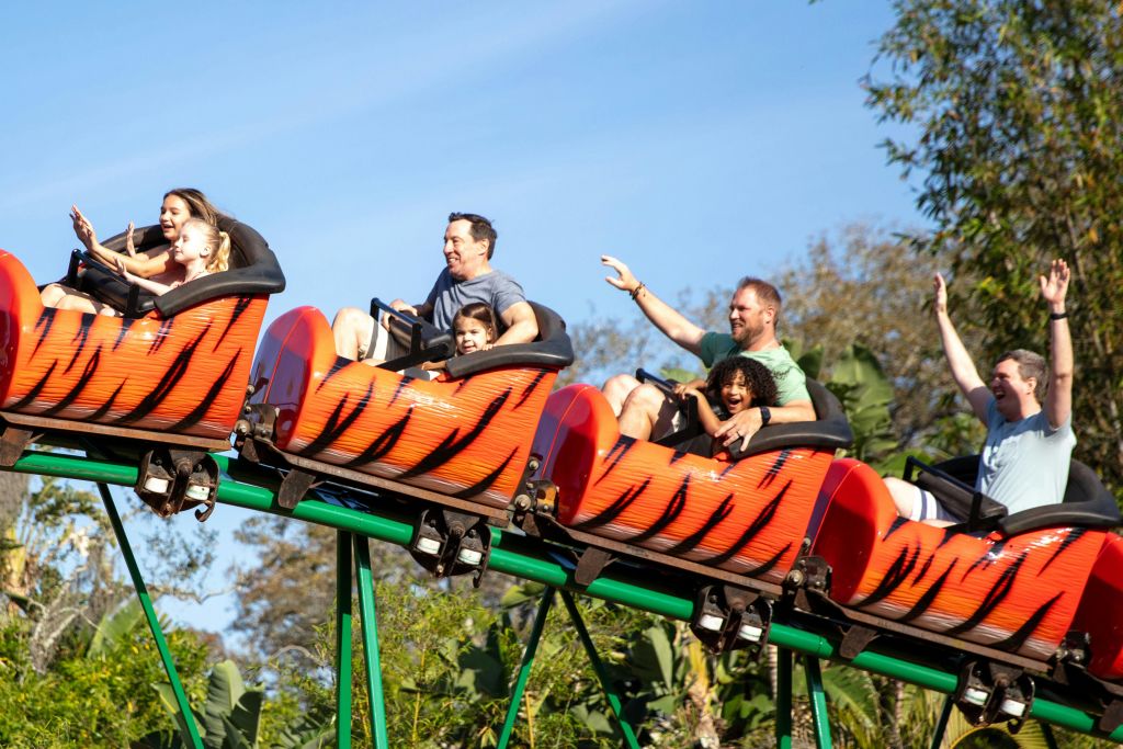 주황색과 검은색 줄무늬 자동차가 달린 야외 롤러코스터를 타는 사람들이 맑은 하늘을 배경으로 미소를 짓고 손을 들고 있습니다.