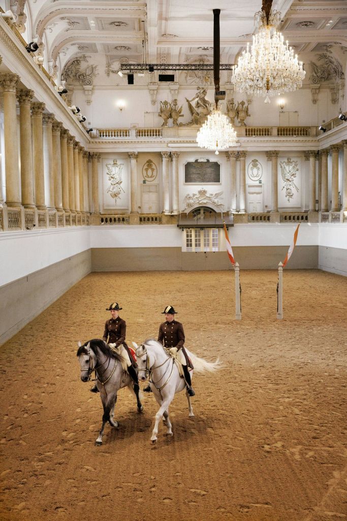 샹들리에와 기둥이 있는 화려한 실내 경기장에서 두 명의 라이더가 백마를 입고 격식을 차리고 있습니다.
