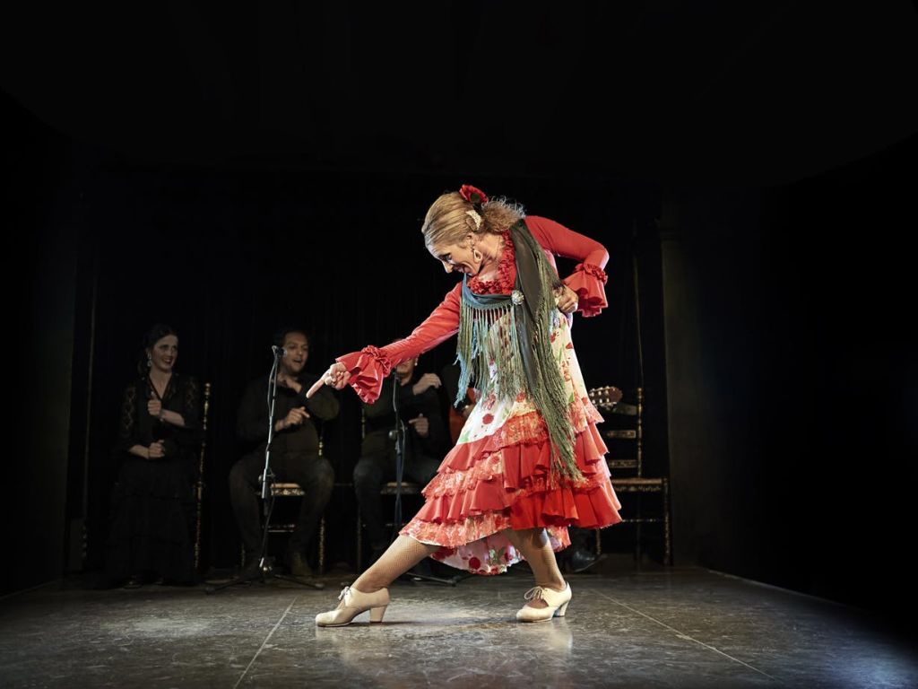 활기찬 빨간색 드레스를 입은 플라멩코 무용수가 무대에서 공연을 펼치고, 자리에 앉은 세 명의 무용수가 검은색 박수를 치며 배경을 배경으로 미소를 짓습니다.