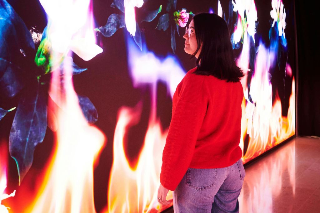 빨간 스웨터와 청바지를 입은 한 여성이 화려한 불꽃과 꽃이 가득한 디지털 아트 디스플레이를 마주하고 있습니다.