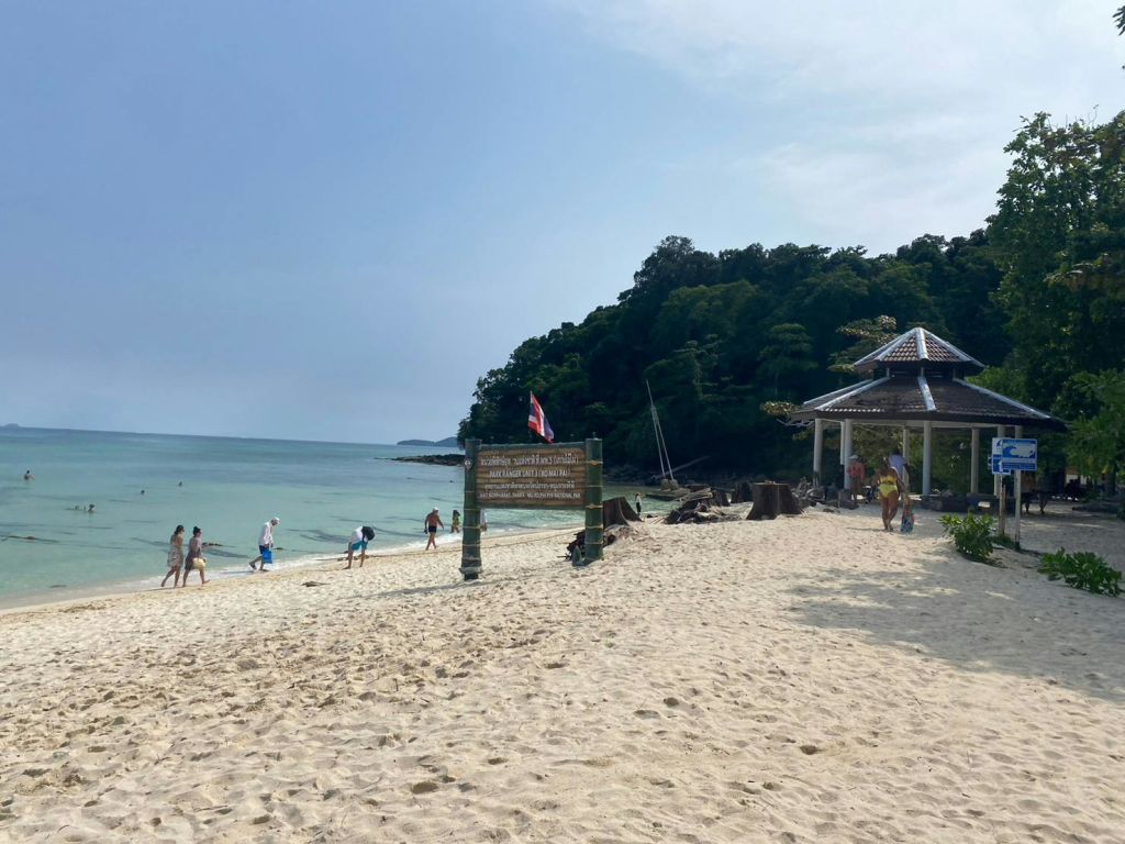 모래사장을 거니는 사람들, 나무 간판, 파빌리온, 숲이 우거진 언덕을 배경으로 해변 풍경이 펼쳐집니다.