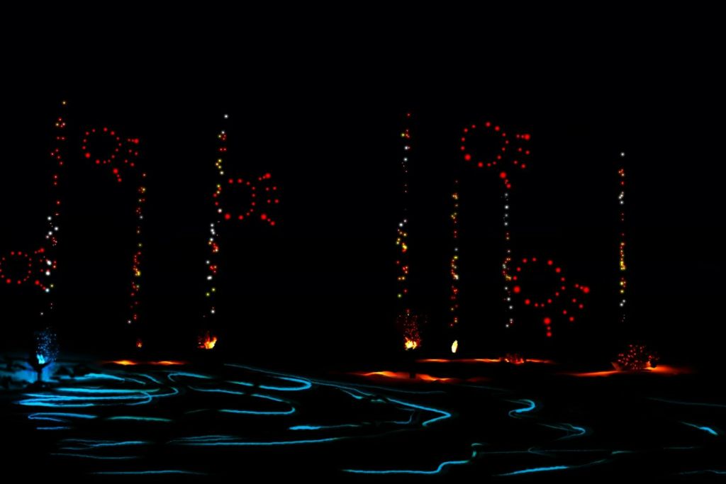 밝은 빨간색과 다색의 조명은 어두운 배경 위에 추상적인 모양과 수직선을 형성하며, 아래에 파란색 조명의 흔적이 있습니다.