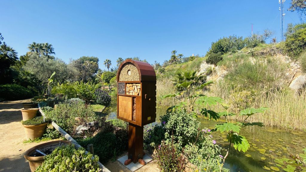 푸른 하늘 아래 울창한 식물과 야자수, 연못이 있는 정원의 나무 곤충 호텔입니다.