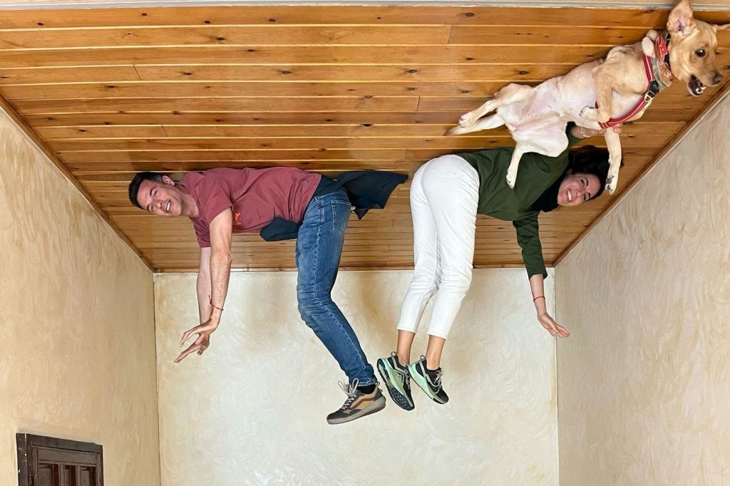 바닥을 닮은 나무 천장이 있는 방에 두 사람과 개가 거꾸로 나타납니다.