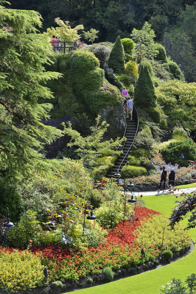 울창하고 조경이 아름다운 정원에 다양한 나무와 식물이 우거진 나선형 계단을 따라 올라가는 사람들.