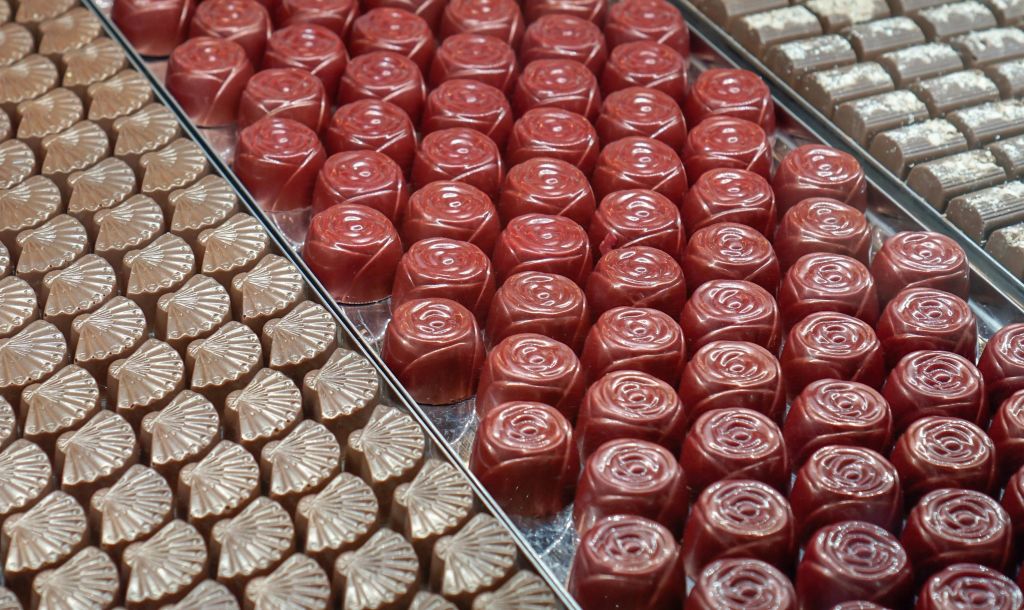 갈색 장미와 베이지색 껍질 등 다양한 모양과 색상의 깔끔하게 배열된 초콜릿 캔디 줄이 트레이에 표시됩니다.