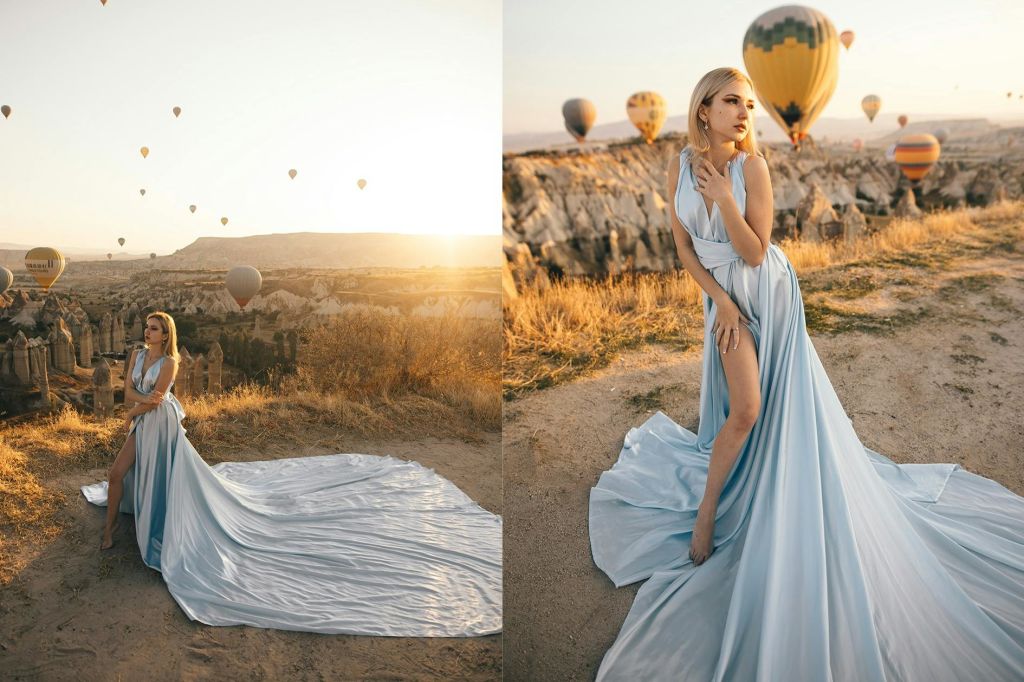 열기구 타고 일출을 배경으로 사진 촬영하기