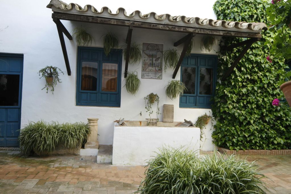 안뜰에는 파란색 창문, 걸이식물, 타일 벽화, 울창한 녹지가 있는 흰색 건물의 외관.