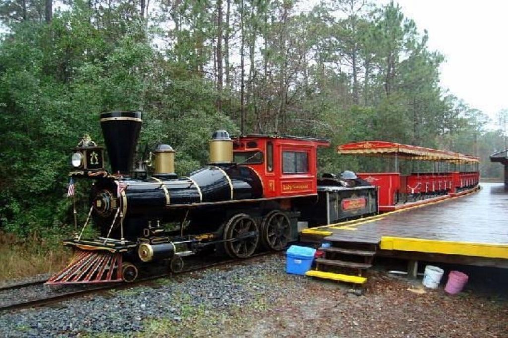 나무와 녹지로 둘러싸인 역 플랫폼의 빨간색과 검은색 빈티지 증기기관차.