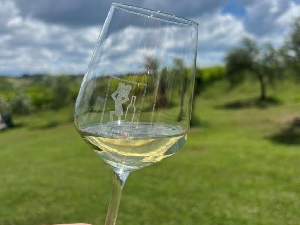 한 사람이 야외에서 잔디가 우거진 들판과 나무를 배경으로 화이트 와인 한 잔을 들고 있습니다. 유리에는 에칭된 디자인이 있습니다.