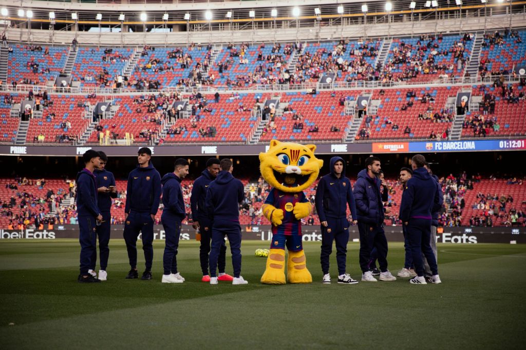 관중들이 흩어져 있는 대형 경기장에서 호랑이 마스코트가 있는 축구장에 서 있는 스포츠웨어를 입은 사람들의 그룹.