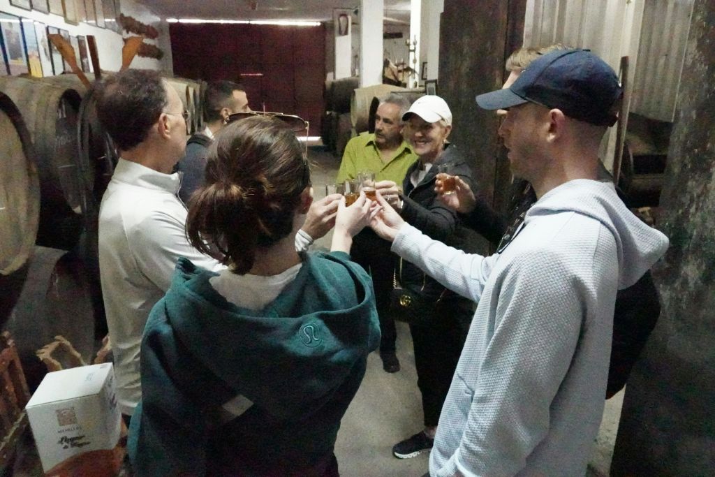 나무 통으로 둘러싸인 소박한 와이너리나 와인 저장고에서 음료를 마시며 건배하는 사람들.