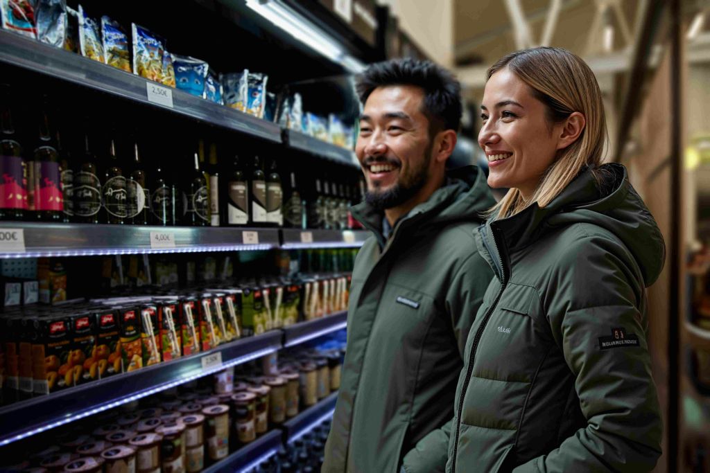 녹색 재킷을 입은 두 사람이 식료품점에서 쇼핑하는 동안 다양한 상품이 있는 냉장 구역 옆에 서서 미소를 짓고 있습니다.